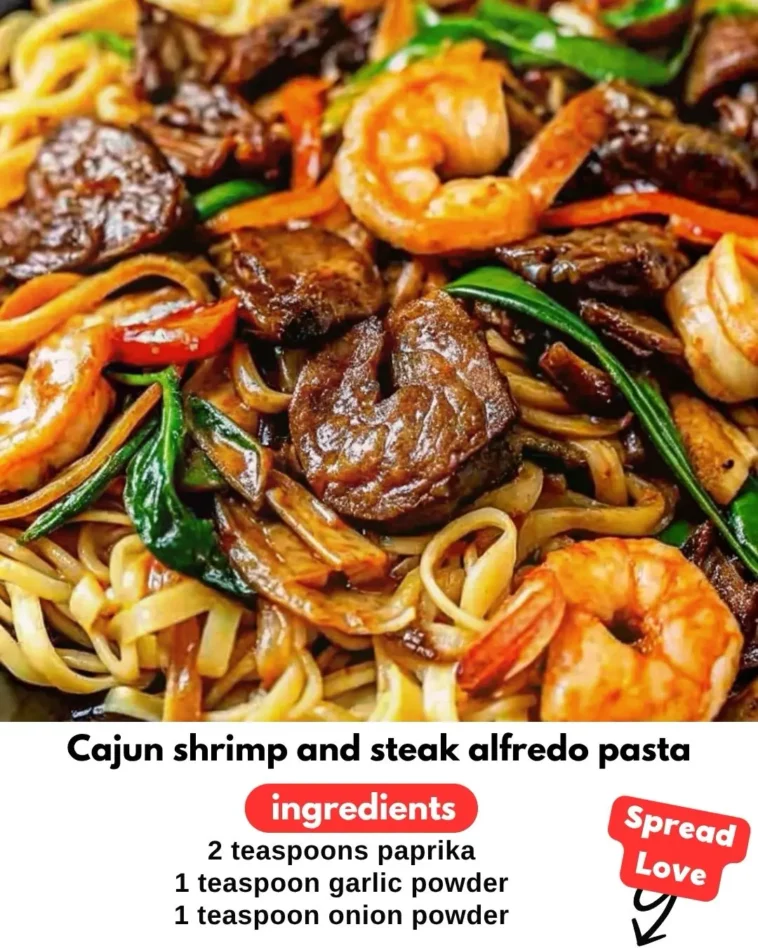 Cajun shrimp and steak alfredo pasta